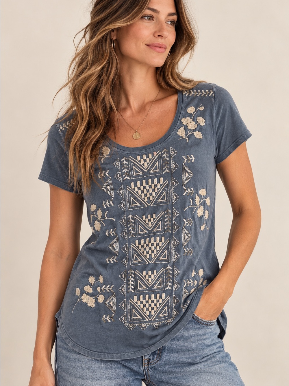 Johnny Was Joy Love Light Embroidered Boho Tee Blue Gray S